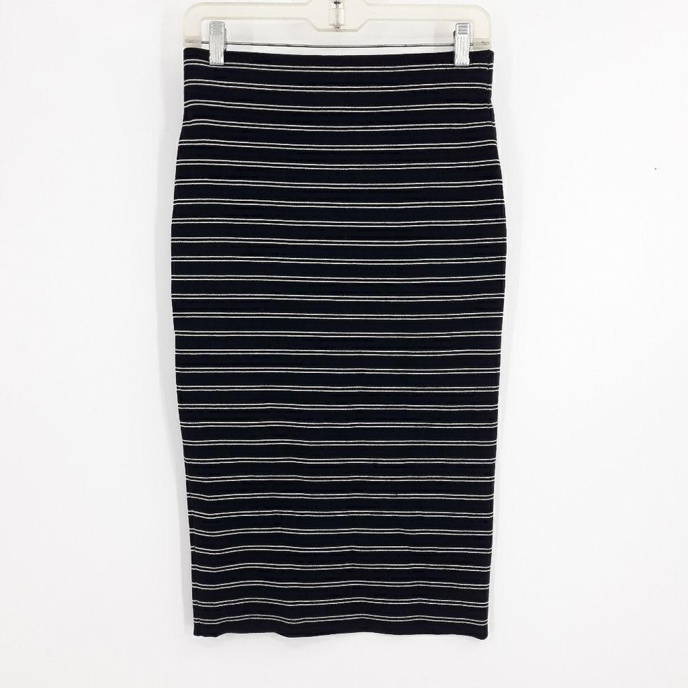 WHBM Stretch Knit Tube Midi Bodycon Skirt Black White Striped Sz XS